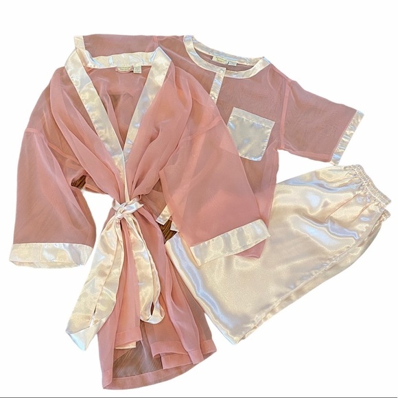 Victoria's Secret Other - VICTORIA’S SECRET Vintage Gold Label 3 Piece Top Pant Robe Set Pink Semi Sheer S